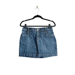 H&M Women's Blue Denim Mini Skirt With Curve Adjustable Back Strap Size 8